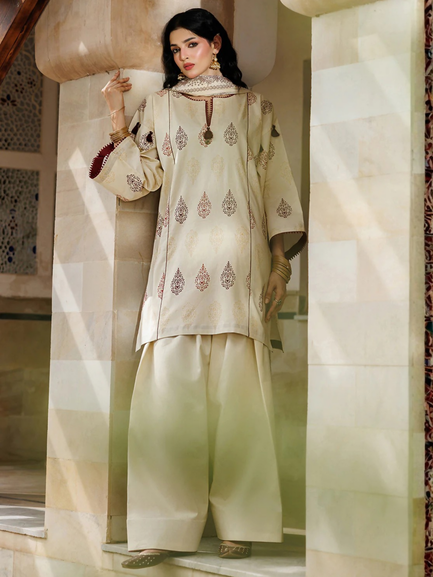 Cream Panache Apparel Noor Mahal Cotton Printed Stitched Suit-Razeen