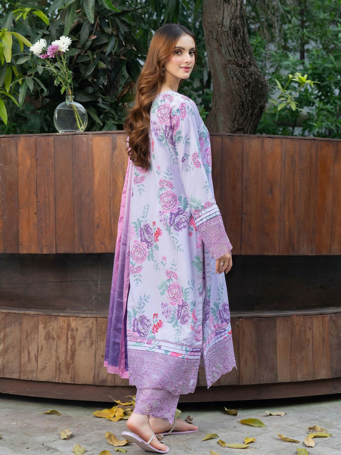 Panache Apparel Raw Silk Embroidered Stitched Suit-Lavender Bloom