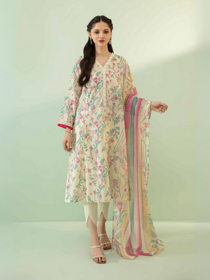 Nishat unstitched 3-piece lawn suit in pink and off-white with embroidery-style floral patterns, voile dupatta, and cambric trouser.