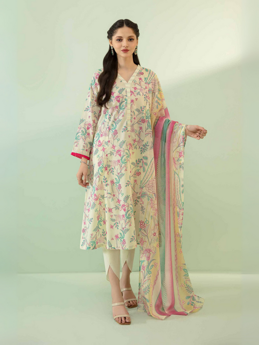 Nishat unstitched 3-piece lawn suit in pink and off-white with embroidery-style floral patterns, voile dupatta, and cambric trouser.