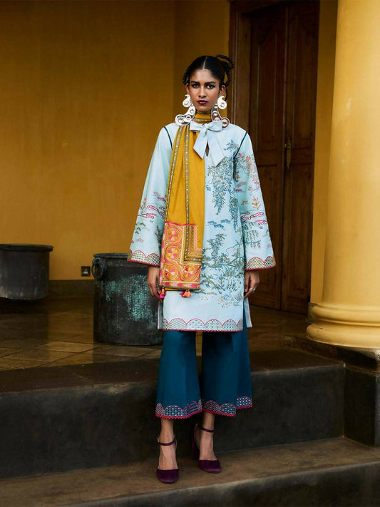 Jugnu by Hussain Rehar Cotton Embroidered Scarf-Jeena