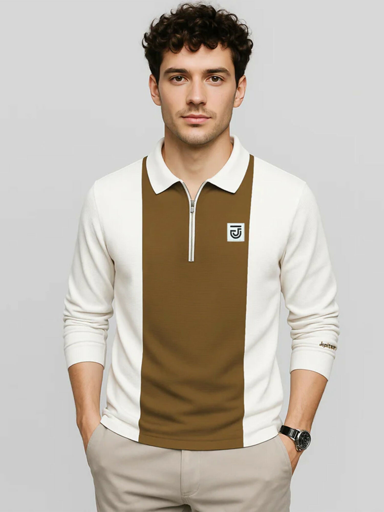 Jupiter Posh Knit long sleeves western wear men’s polo shirt with rib knit collar, quarter zip, ribbed cuffs, and high-density chest logo in cotton-polyester blend