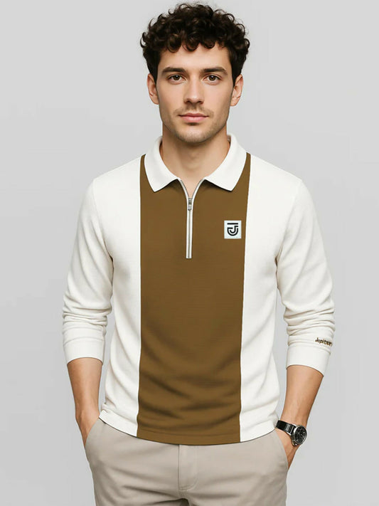 Jupiter Posh Knit long sleeves western wear men’s polo shirt with rib knit collar, quarter zip, ribbed cuffs, and high-density chest logo in cotton-polyester blend