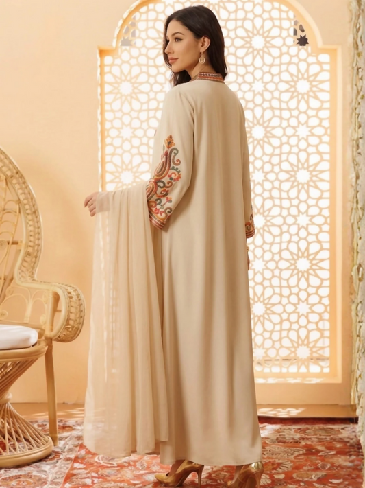 Beige-Duas Boutique Linen Embroidered Kaftan Set-Noor-e-Sahar