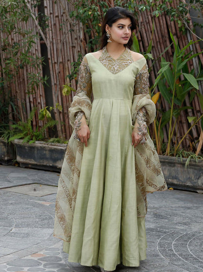 Shiza Hassan Nadia Luxury Pret Korean Raw Silk Embellished Pishwas-Mint Luminance