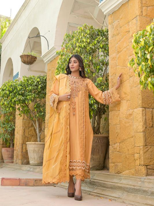 Farooq Hameed Studio Raw Silk Embroidered Stitched 3-Piece Suit-Safina