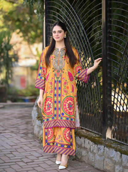 Tehzeeb Libas Poly Lawn Embroidered Co-Ord Set-Caramel
