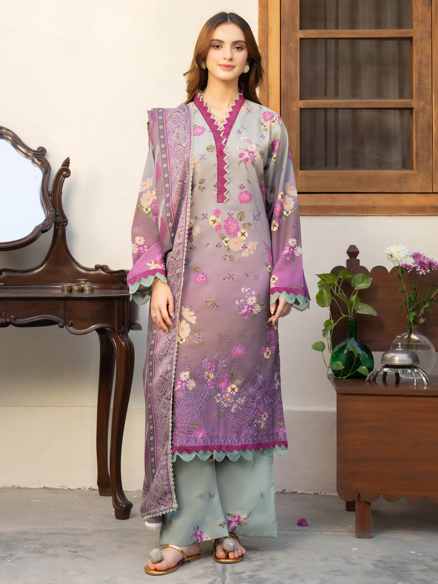 Panache Apparel Mah-e-Noor Khaddar Printed Stitched Suit-Lilac Mist