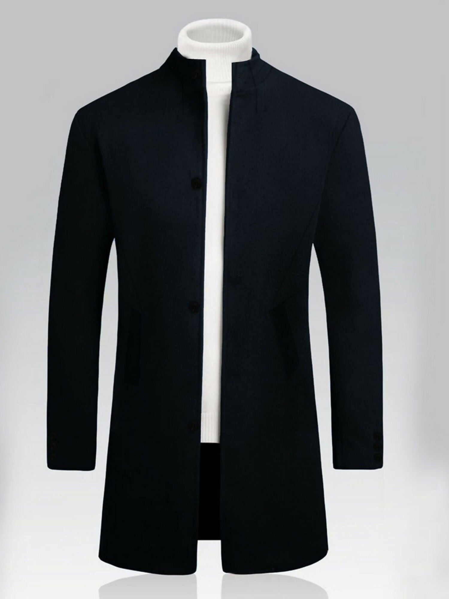 Men’s long wool coat made from imported noble crest wool, featuring a stand collar, two side pockets, and a three-button front closure
