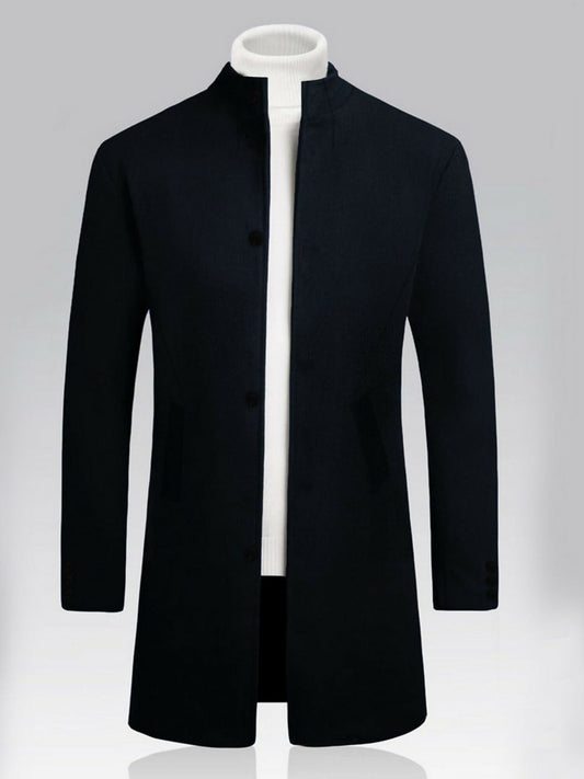 Men’s long wool coat made from imported noble crest wool, featuring a stand collar, two side pockets, and a three-button front closure