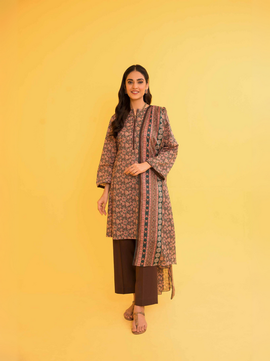 Nishat unstitched 3-piece block printed lawn suit with voile dupatta and cambric trouser in brown and pink.