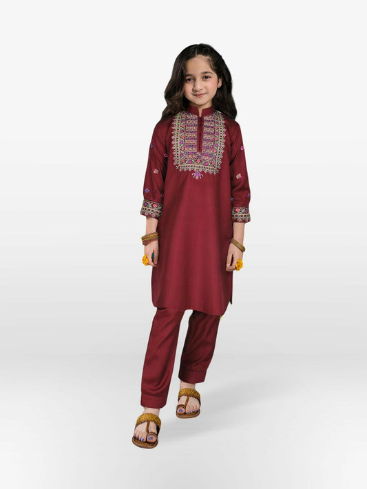 Maroon Velvour Girls Embroidered Stitched 2-Piece Suit-VG83-B