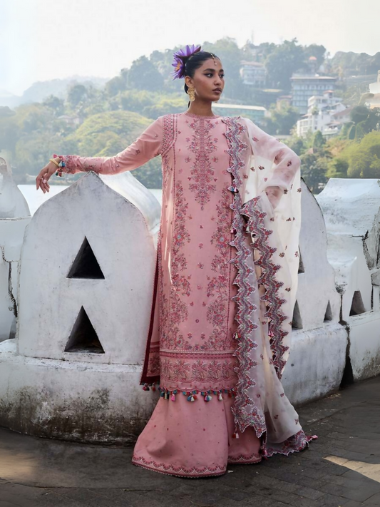 Rose Pink Hussain Rehar Luxury Lawn Embroidered Unstitched 3-Piece Suit-Peaar