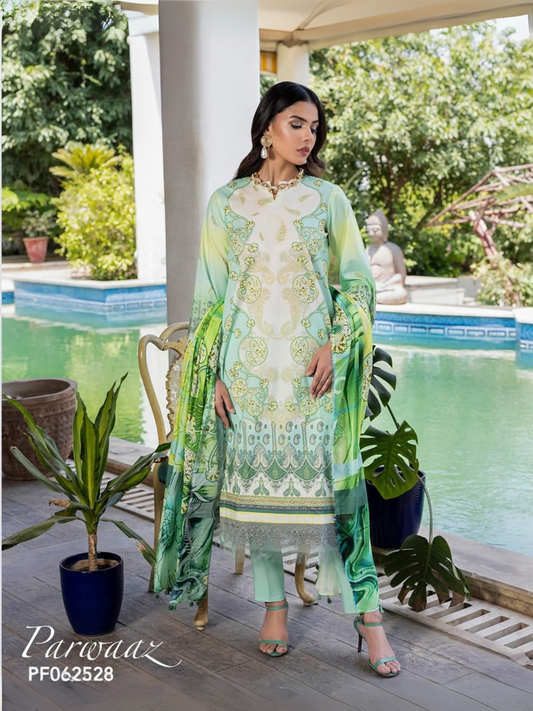 Unstitched 3-piece suit with printed lawn shirt, printed dobby voil dupatta, and dyed cotton trouser, perfect for breathable and stylish summer wear.