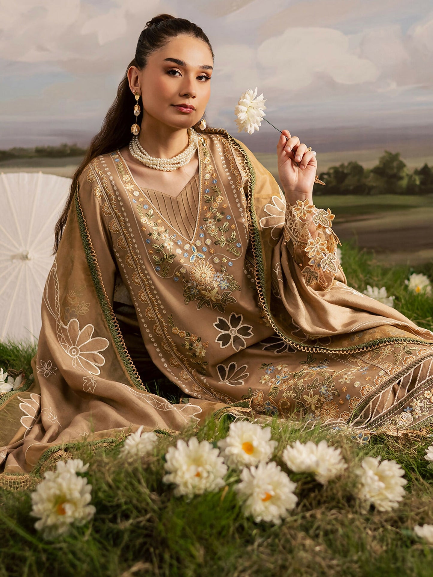 Mahnur Kaia Slub Linen Embroidered Stitched 3-Piece Suit-K- 04