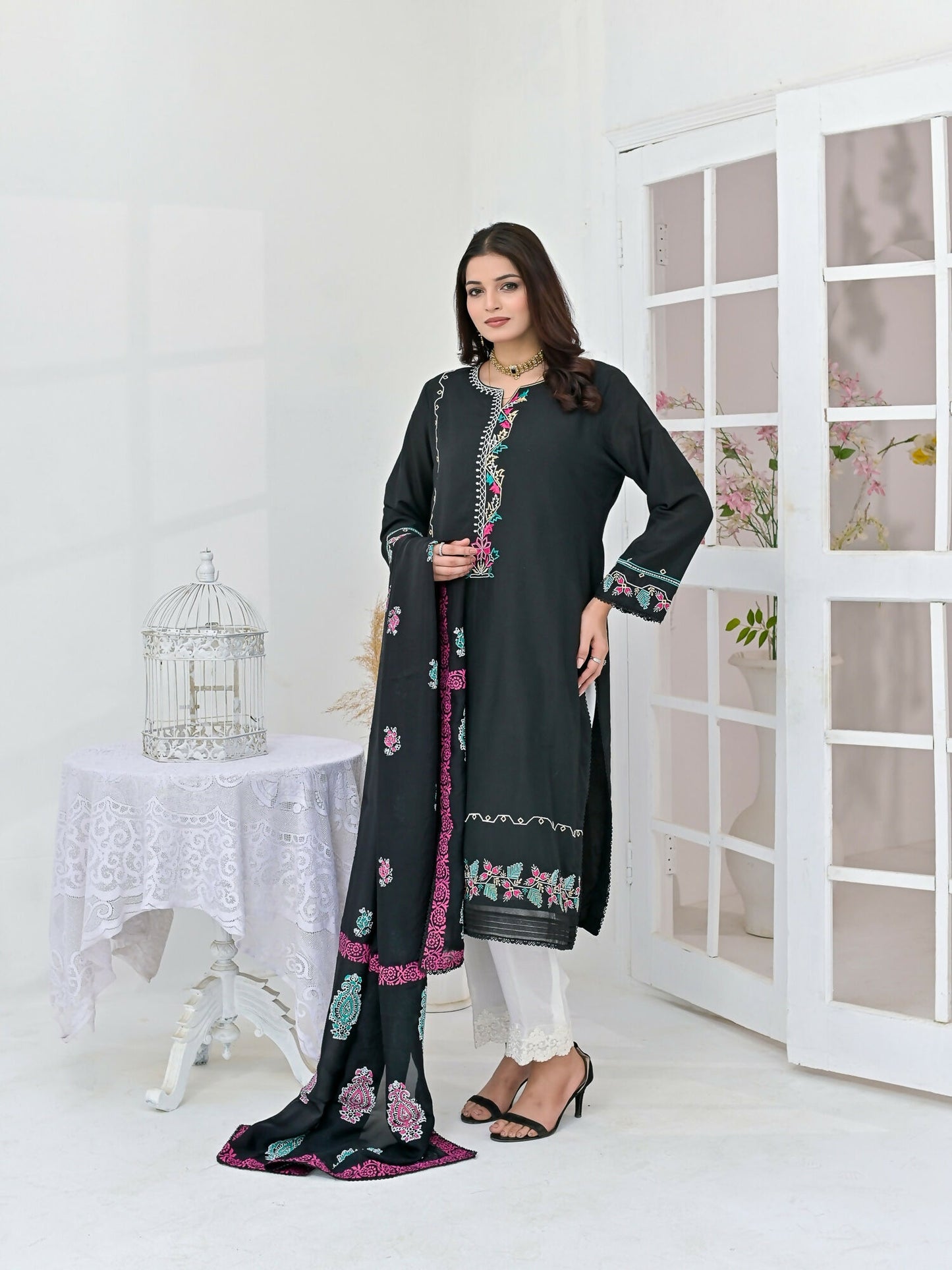 Ruby's Couture Chamak Dhamak Khadi Silk Embroidered Stitched 3-Piece Suit-Marvi