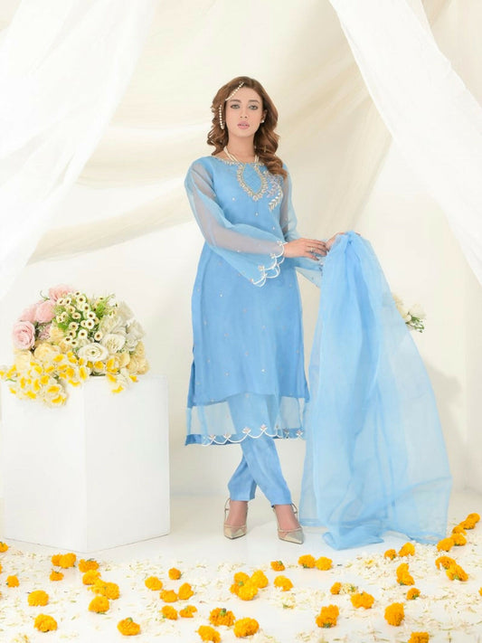 Ruby's Couture Gul-Bahar Organza Embroidered Stitched 3-Piece Suit-Noor Mahal