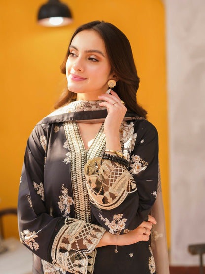 Panache Apparel Monochrome Tales Swiss Lawn Embroidered Stitched 3-Piece Suit-Midnight