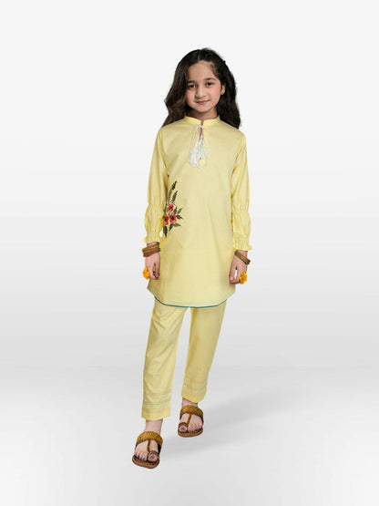 Pale Yellow Velvour Girls Embroidered Stitched 2-Piece Suit-VG69-B