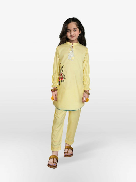 Pale Yellow Velvour Girls Embroidered Stitched 2-Piece Suit-VG69-B
