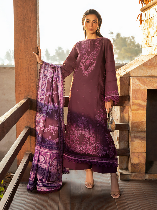 Three-piece embroidered lawn suit with embroidered front and sleeves, printed silk dupatta, and plain dyed cotton trouser.
