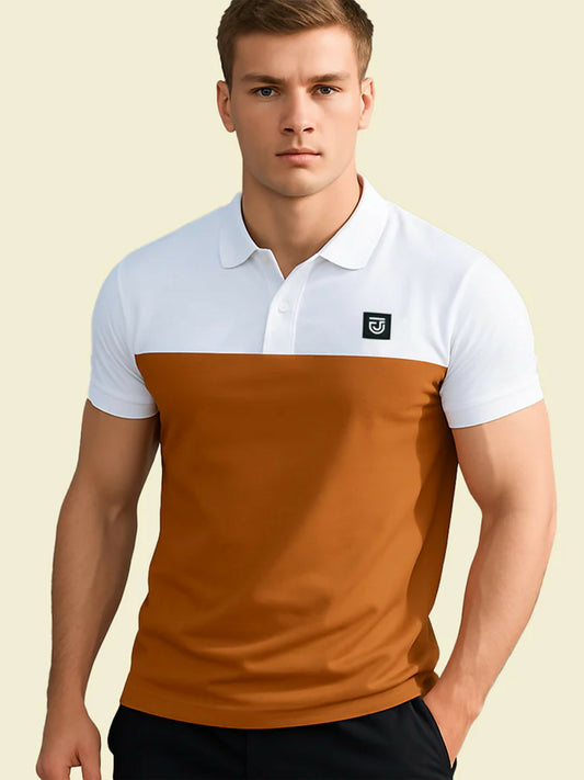 a man wearing an orange polo with jacquard knit collar and dual panel design