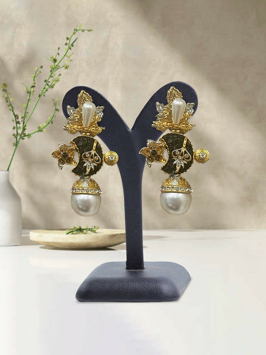 Glitter Jewellery floral motif earrings with ornate detailing and pearl drop