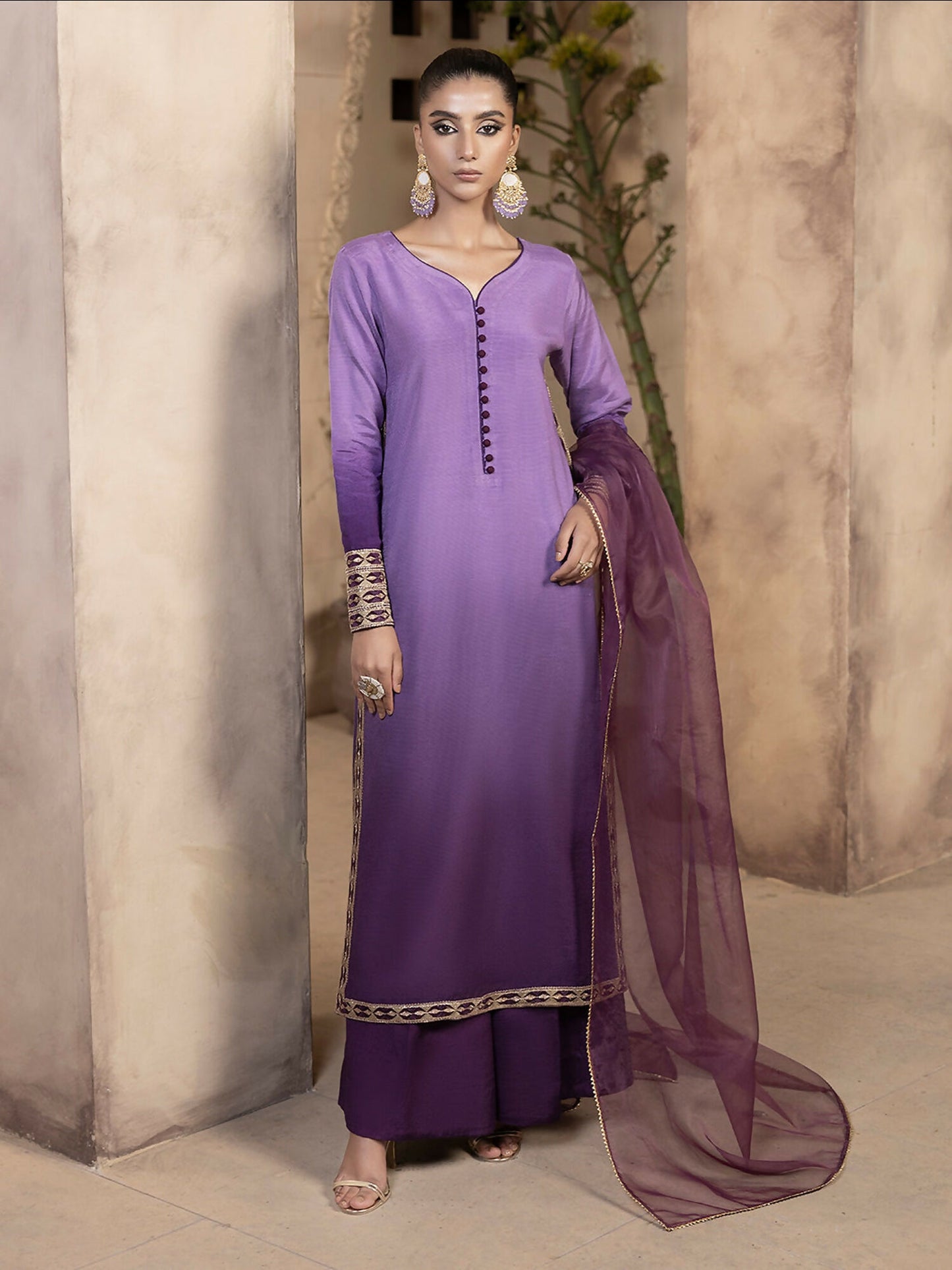 Hemstitch Raw Silk Stitched 3-Piece Suit-Raania