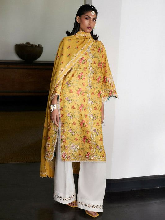 Sunny Yellow Hussain Rehar Luxury Lawn Embroidered Stitched 3-Piece Suit-Enid