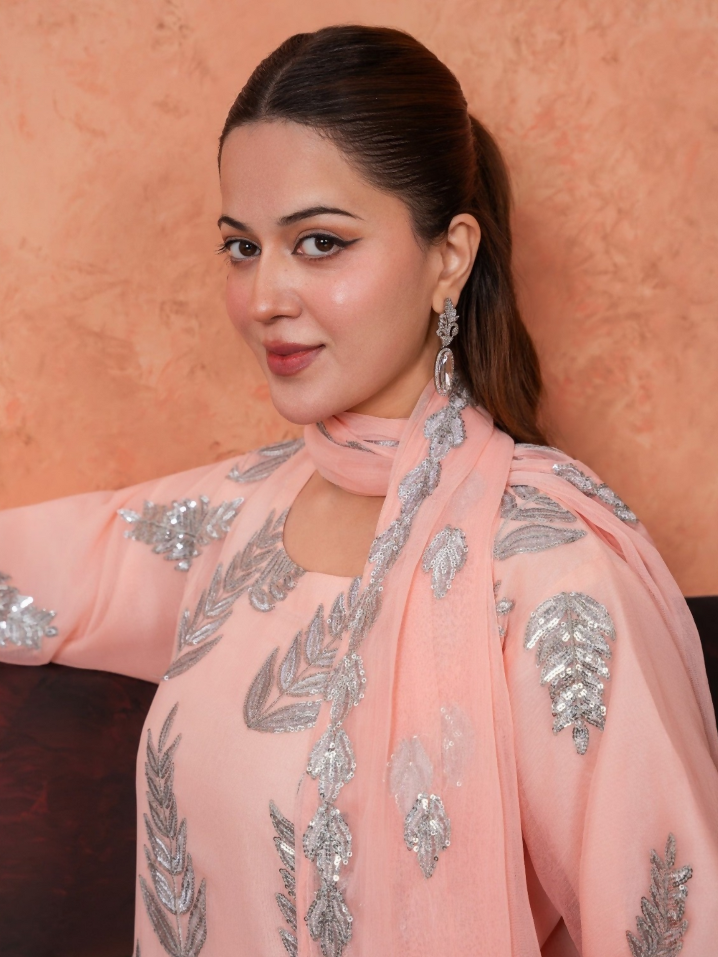 Stylish Collection Majeste Crinkle Chiffon Embroidered Stitched 3-Piece Suit-Zirwah Peach