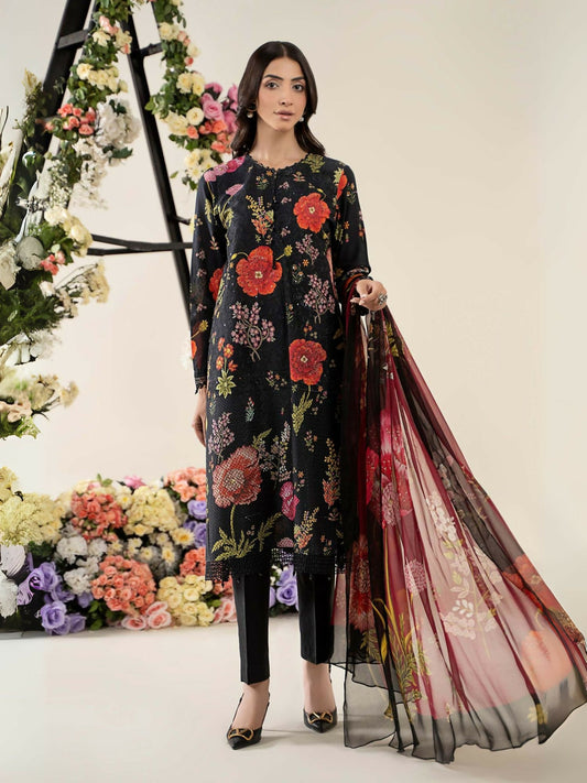 Maria.B printed embroidered lawn shirt with dyed cambric trousers and printed chiffon dupatta.