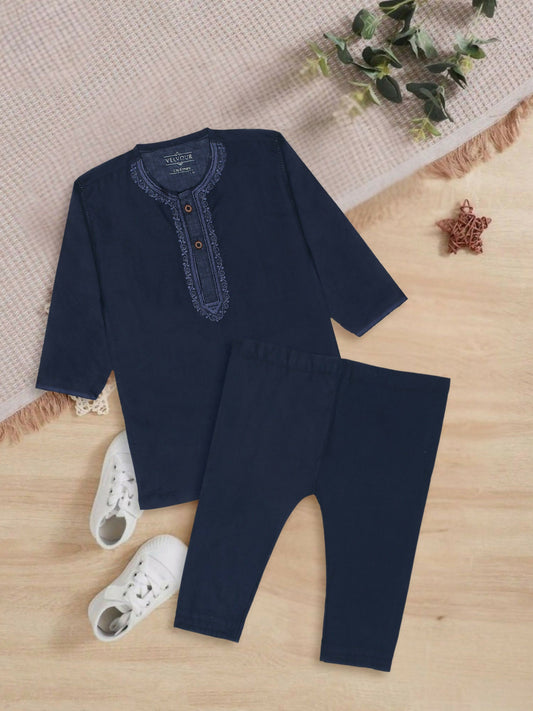 Embroidered stitched cotton kurta pajama suit with round neck, full sleeves, and regular fit, ideal for traditional and festive occasions