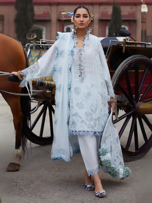 Unstitched 3-piece suit by Elan with embroidered appliqué self-jacquard shirt, voile dupatta with lotus appliqués, and dyed cambric trouser.