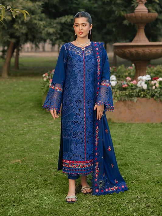 Graceful embroidered lawn suit with borer panels and sleeves, organza lace and motifs, paired with an embroidered fancy dupatta and dyed cotton trouser.