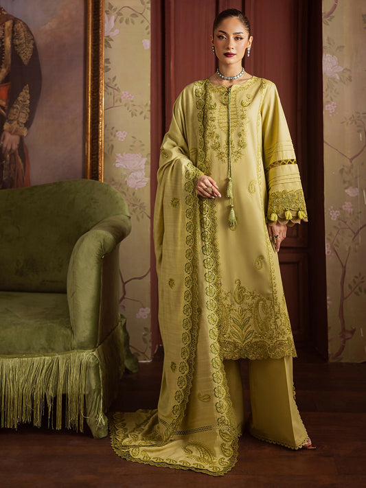 Unstitched 3-piece khaddar suit with embroidered shirt, embroidered wool shawl, and plain dyed trouser from Mahnur Nova Khaddar ’25 collection.