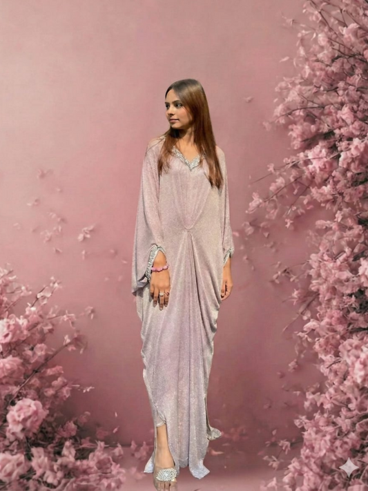 Lilac Silver Zubia Motiwalla Net Two-Toned Sequinned Kaftan-ZM262