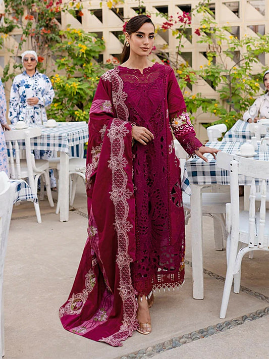 Unstitched 3-piece suit with embroidered lawn front and sleeves, embroidered neckline and daman, monark dupatta, and dyed cambric trouser, perfect for graceful semi-formal looks