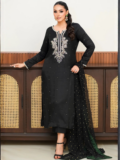 Allure By IH Fashion Calling Raw Silk Embellished Stitched 3-Piece Suit-Moon Stone