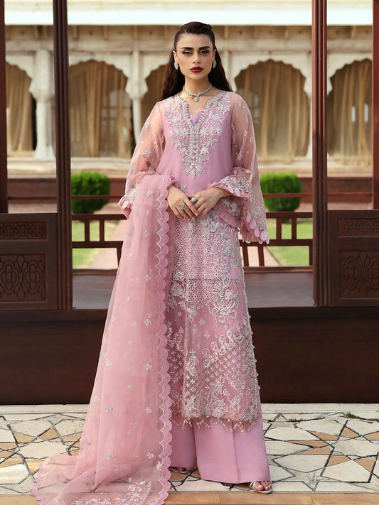 Parishay Jahanara embroidered organza 3-piece stitched formal suit with daman and lace detailing, raw silk trouser, and embroidered organza dupatta.