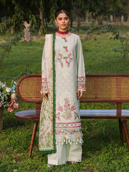 Unstitched 3-piece lawn suit from Mahnur Dahlia collection with embroidered shirt, printed Monark dupatta, and dyed trouser.