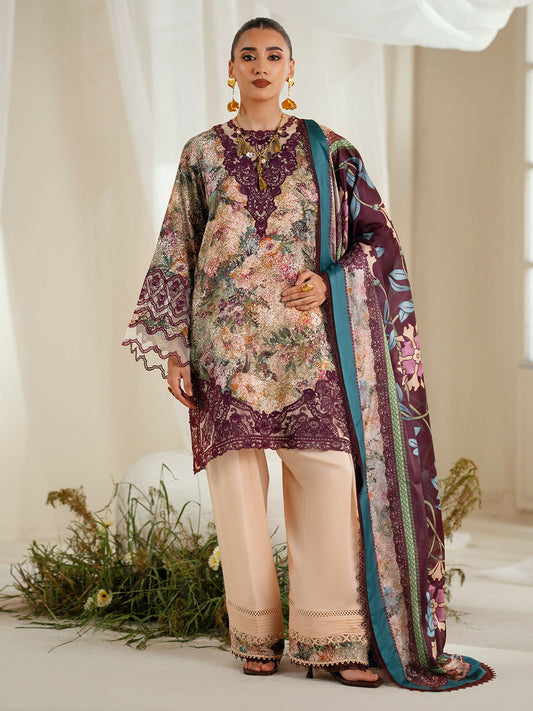 Binilyas Eres Bonita Viscose '25 embroidered unstitched suit with printed shirt, organza lace, silk dupatta, and printed trouser.