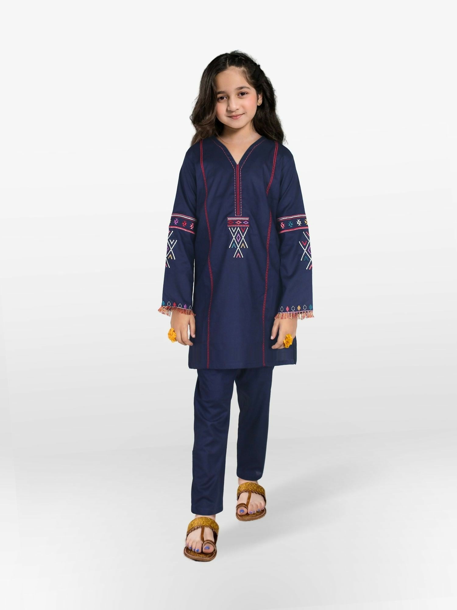 Dark Blue Velvour Girls Embroidred Co-ord Set-VG106-B