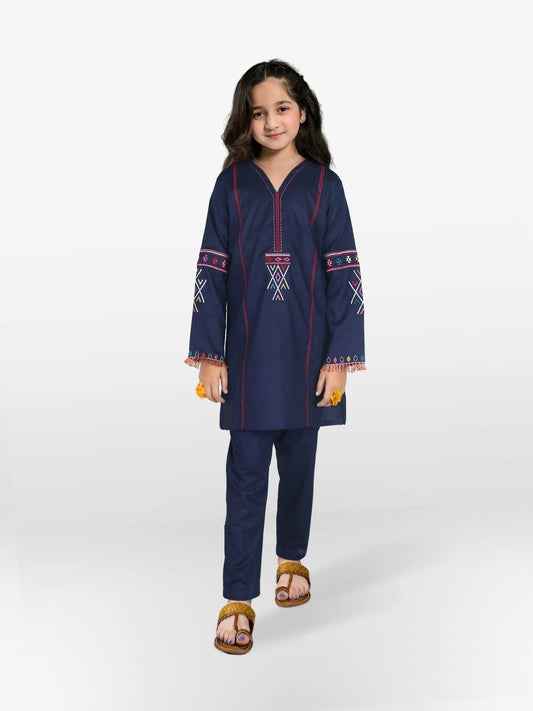 Dark Blue Velvour Girls Embroidred Co-ord Set-VG106-B
