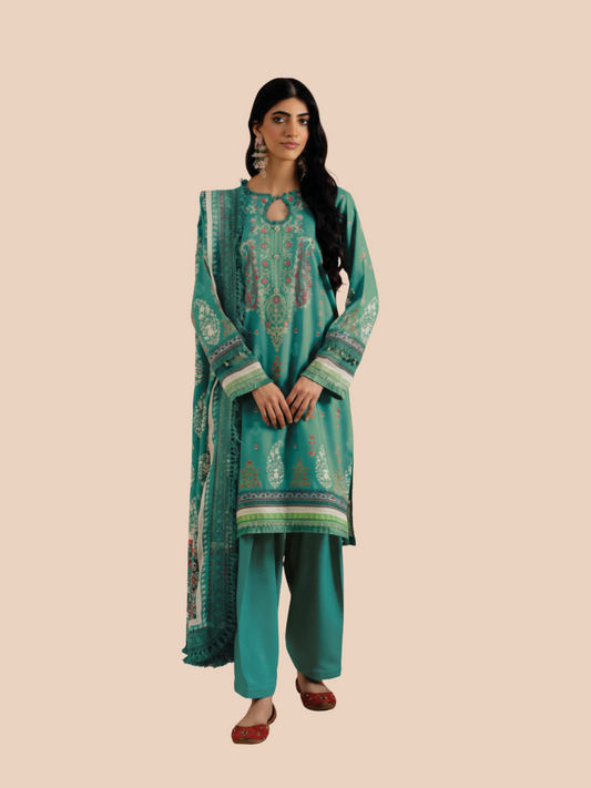 Mausummery Linen Printed Unstitched 3-Piece Suit-Amazonite
