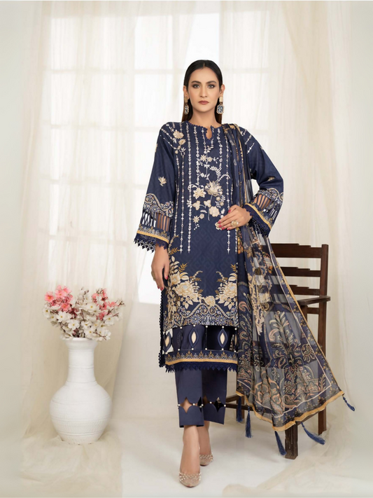 Blue Sitara Lawn Embroidered Unstitched 3-Piece Suit-126