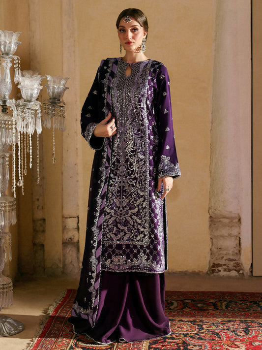 Mahnur embroidered unstitched 3-piece silk suit with chiffon dupatta and raw silk trousers