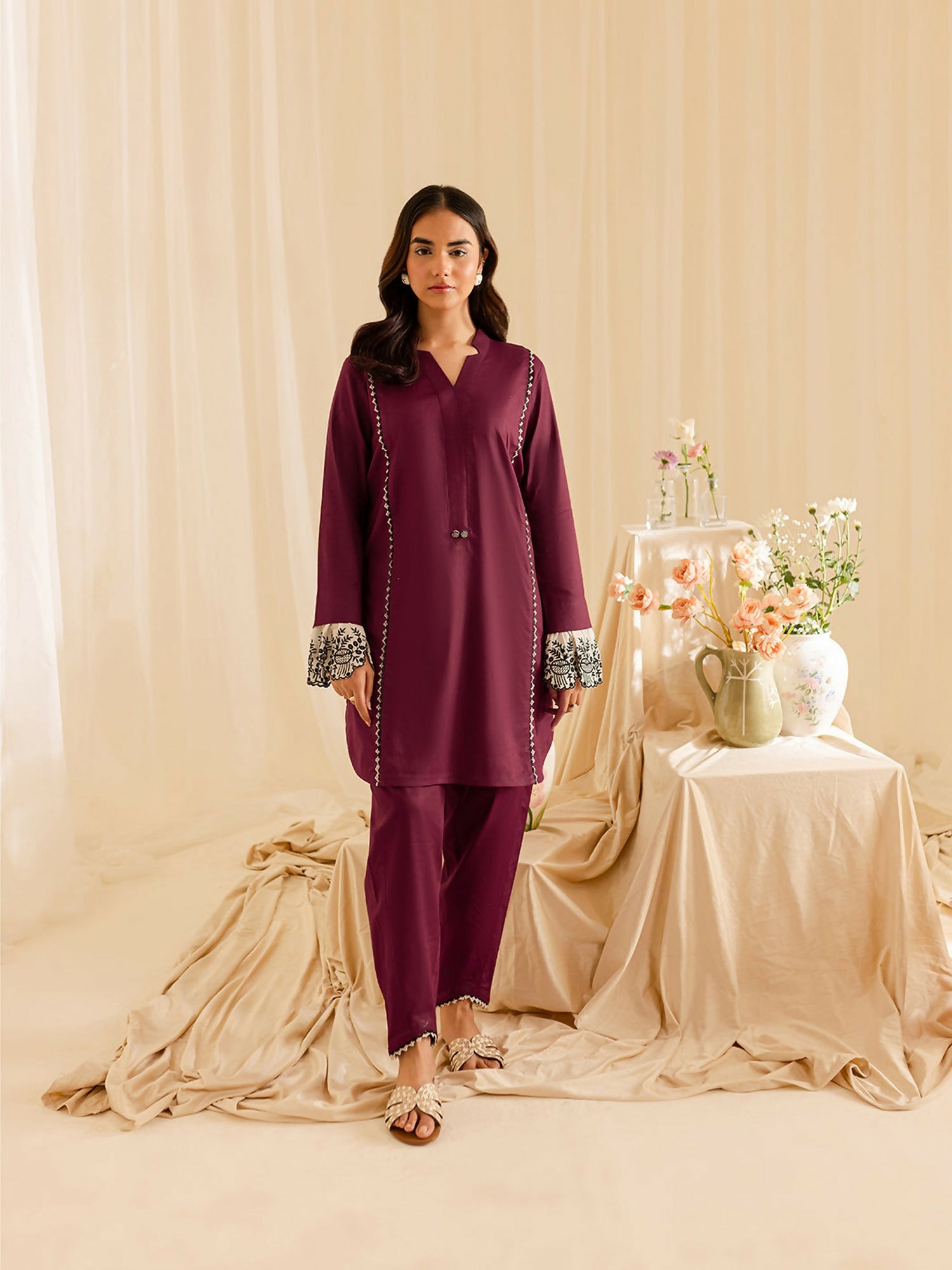 Mahnur stitched 2-piece pret suit featuring a shirt with fine detailing, paired with a plain trouser.