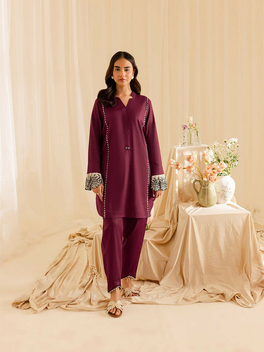 Mahnur stitched 2-piece pret suit featuring a shirt with fine detailing, paired with a plain trouser.