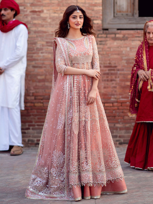 Binilyas unstitched luxury 3-piece suit with sequin embroidered net shirt, embroidered net dupatta, and dyed silk trouser.
