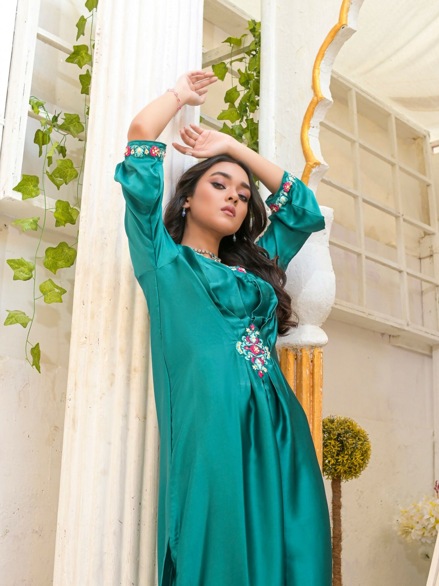 Ruby's Couture Poshak Silk Embellished Kaftan Set-Neelam